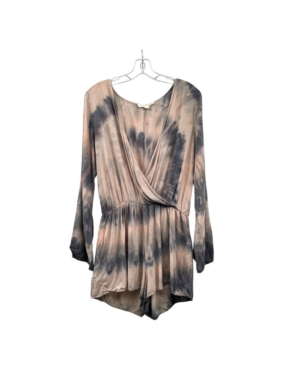 Lovestitch Tie Day Romper Surplice Long Sleeve Beige/Gray Lightweight Large